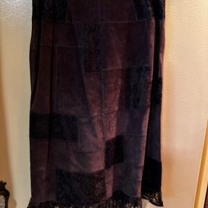 Vintage Patchwork Suede Skirt | Brown & Black Leather | Lace Hem Boho Midi